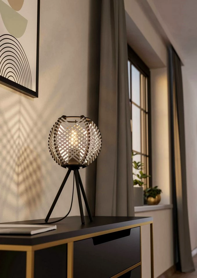 EGLO Tischleuchte Waverton Tischampe, Nachttischlampe, Metall, Holz, Textil in Weiß, E27