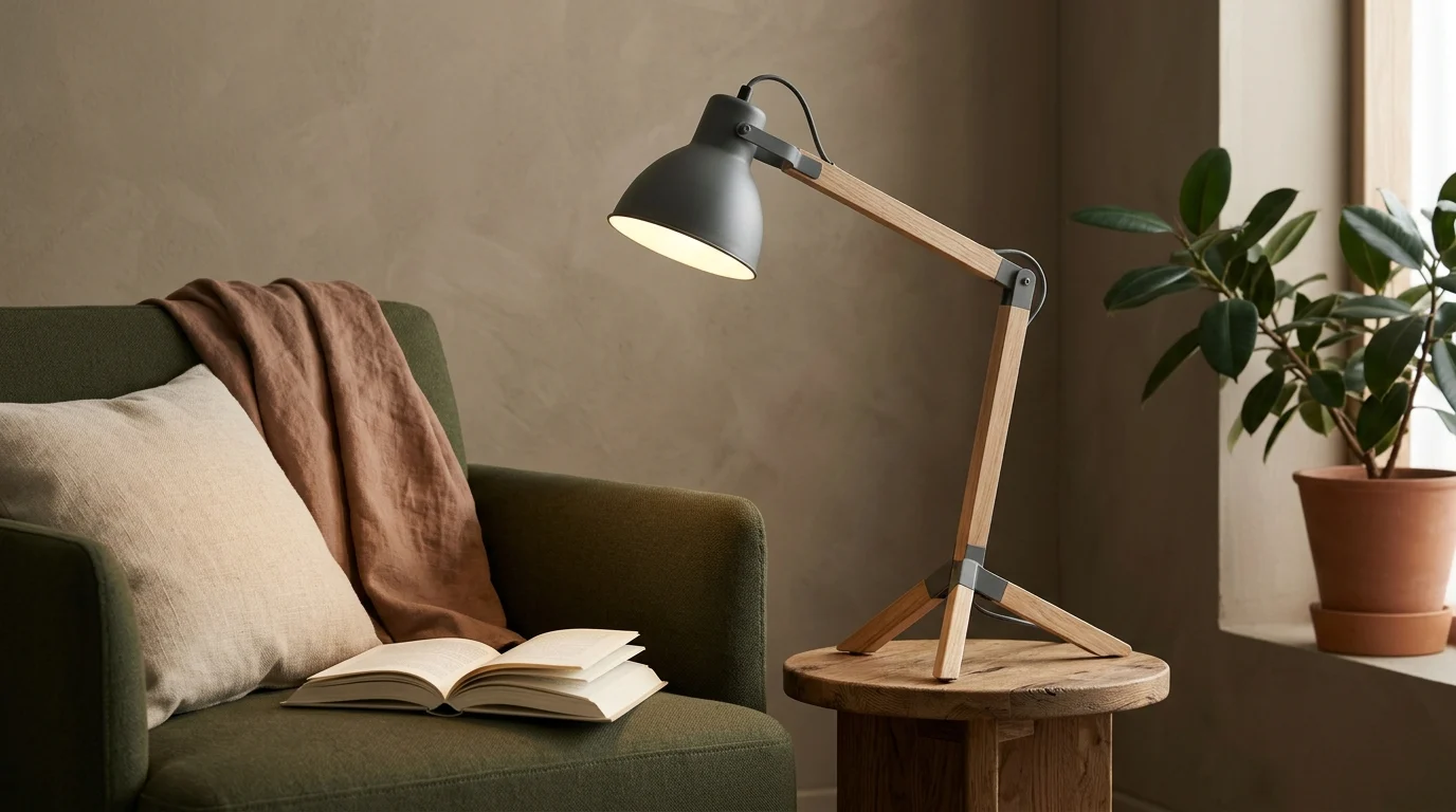 Ausrichtbare Tischleuchte neben einem Lesesessel mit Licht auf einem geöffneten Buch