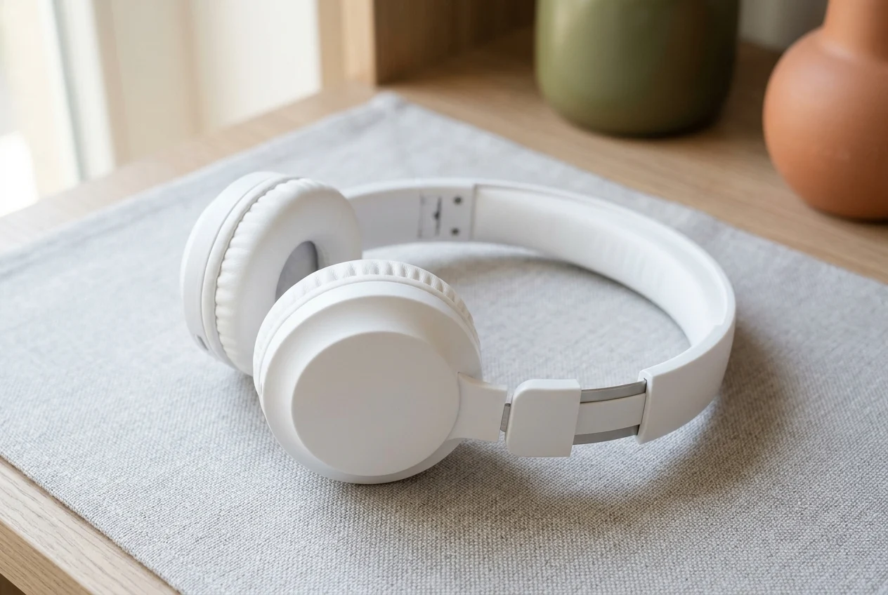 Weißer On-Ear-Kopfhörer mit sichtbaren Ohrpolstern auf einer textilen Ablage