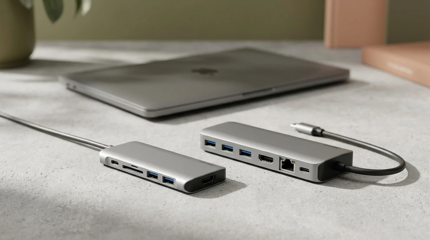 USB-Hub und USB-C-Dockingstation im Vordergrund vor einem Notebook