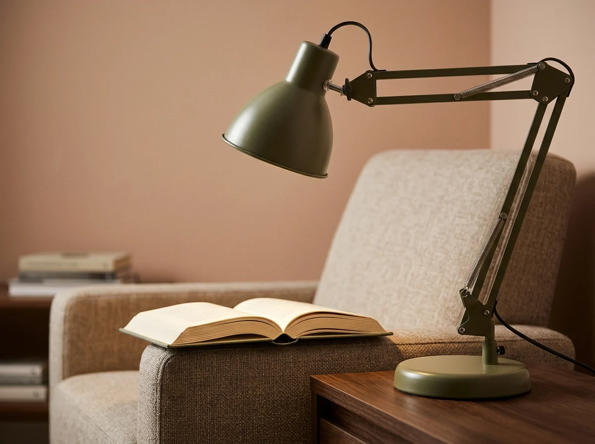 Seitlich ausgerichtete Tischleuchte mit abgeschirmter Lichtquelle über einem geöffneten Buch
