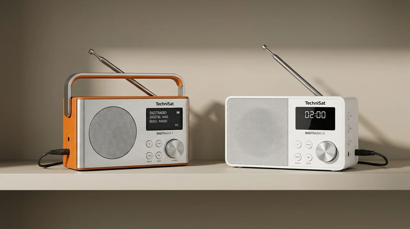 Tragbares TechniSat DIGITRADIO 1 und TechniSat DIGITRADIO 51 Uhrenradio nebeneinander